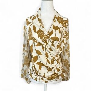 Chic Floral Wrap Blouse - Cream and Tan